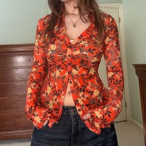 Free People Red Floral Long Sleeve Blouse